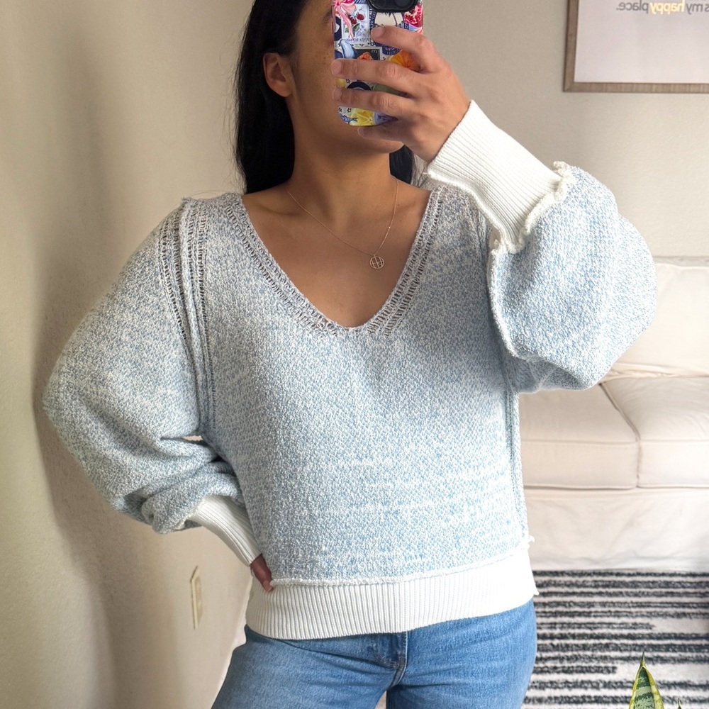 Free People Light Blue V-Neck Sweater